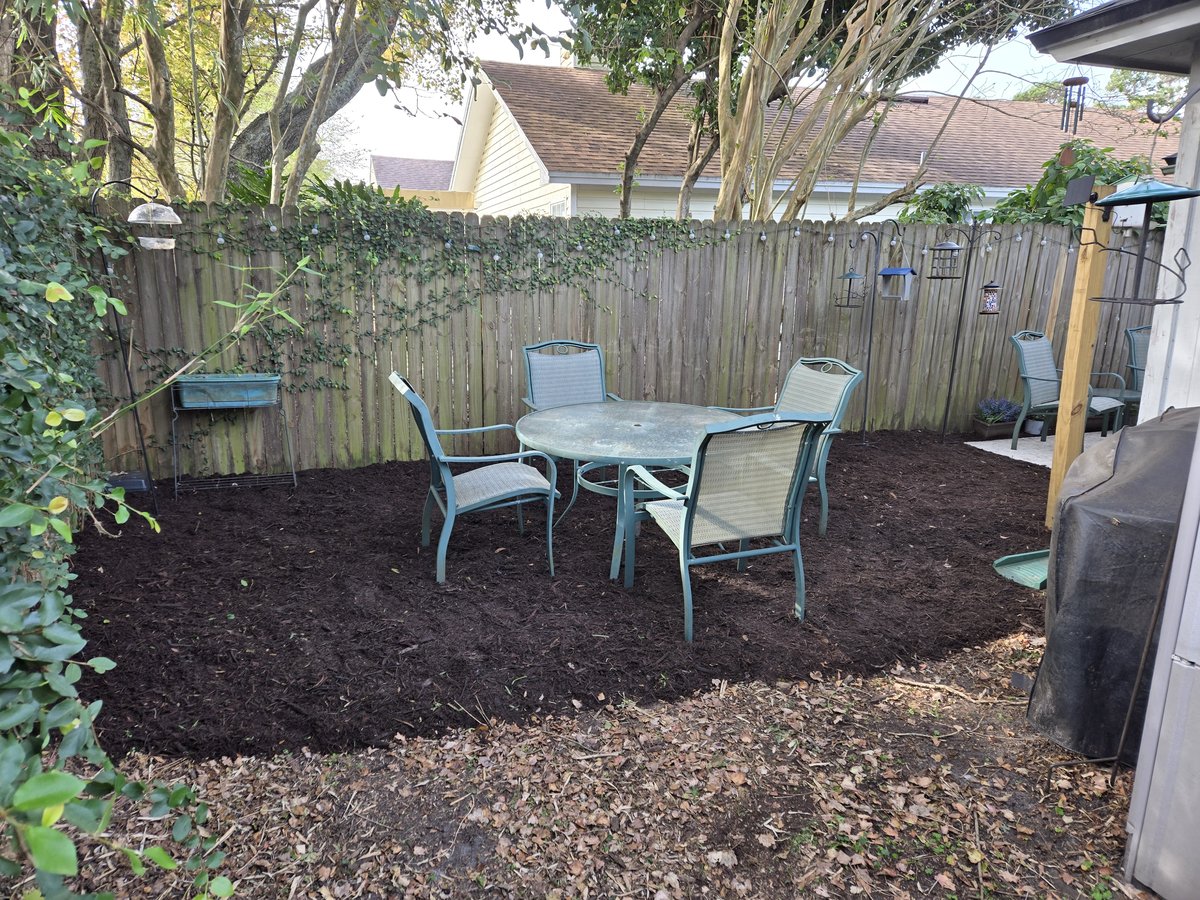 A backyard freshly covered with rich, dark mulch